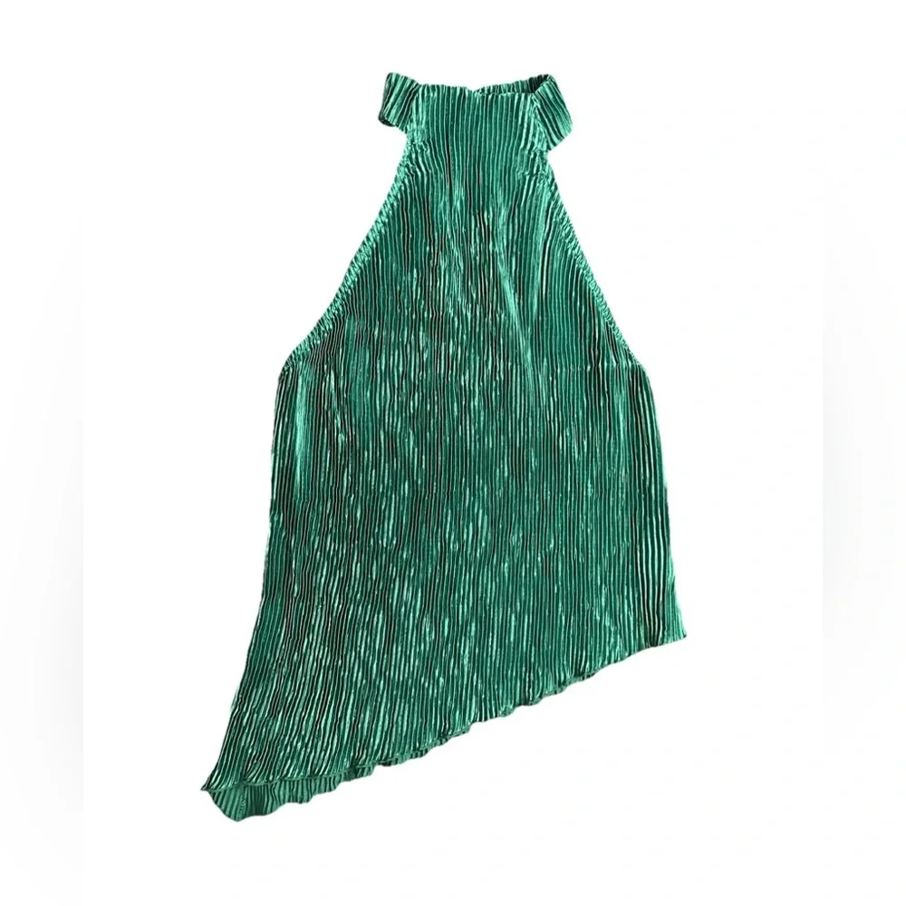 Elegant Commnse Halter Top Pant Set Emerald Green Plisse Pleated 2pc Size XL - Picture 3 of 5